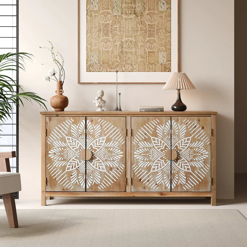 60" Wood Accent Cabinet with 4 Doors Brown and Antique White by HouseOfZazla