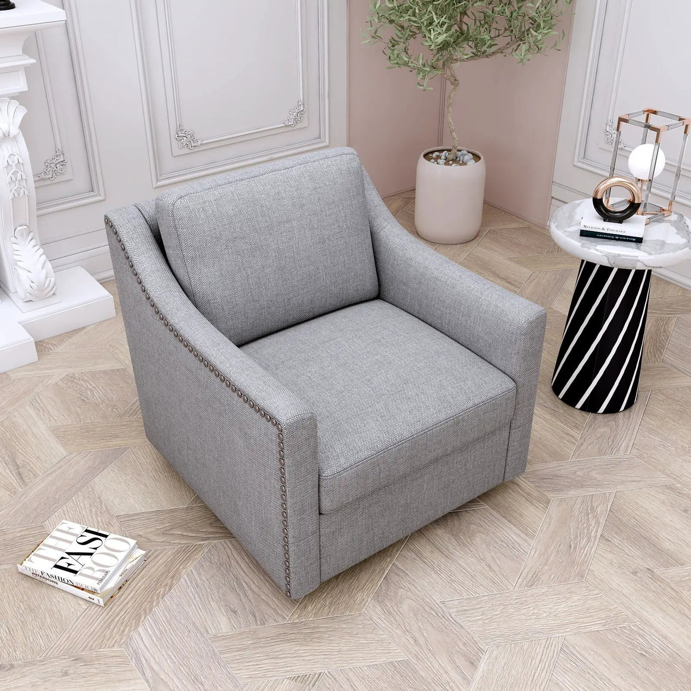 360 Degree Swivel Armchair, Skin Friendly Fabric, Ergonomic Design, Brass Nail Decorative Armchair by HouseOfZazla