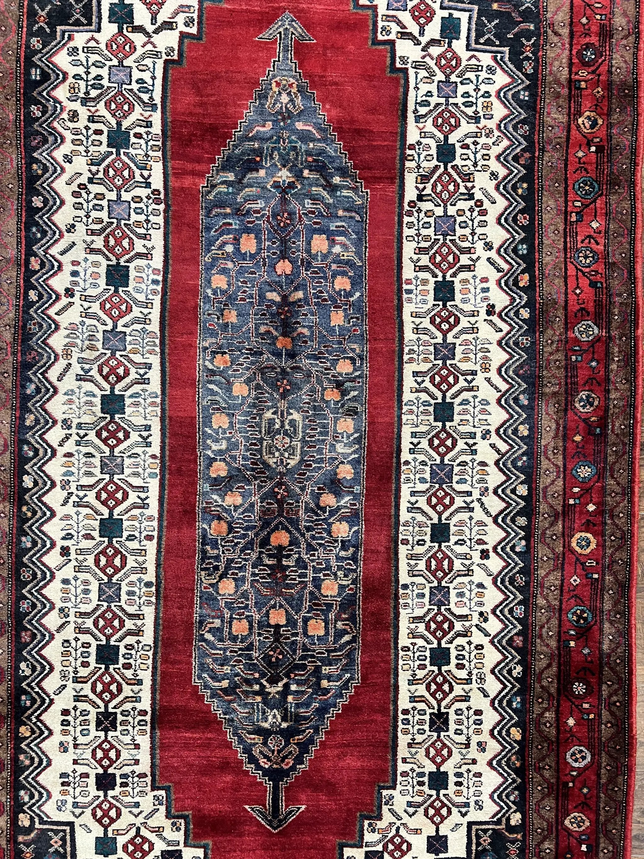 Persian Rug 5x12 ft, Red Cream Navy Blue, Pictorials, Hand Knotted Handmade Wide Runner Tribal Bidjar Semi Antique Wool Geometric Oriental Rug by Jewel Rugs
