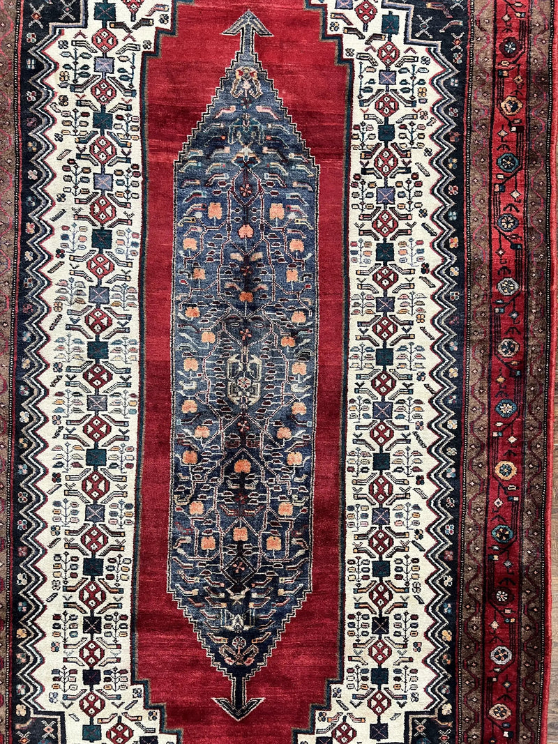 Persian Rug 5x12 ft, Red Cream Navy Blue, Pictorials, Hand Knotted Handmade Wide Runner Tribal Bidjar Semi Antique Wool Geometric Oriental Rug by Jewel Rugs