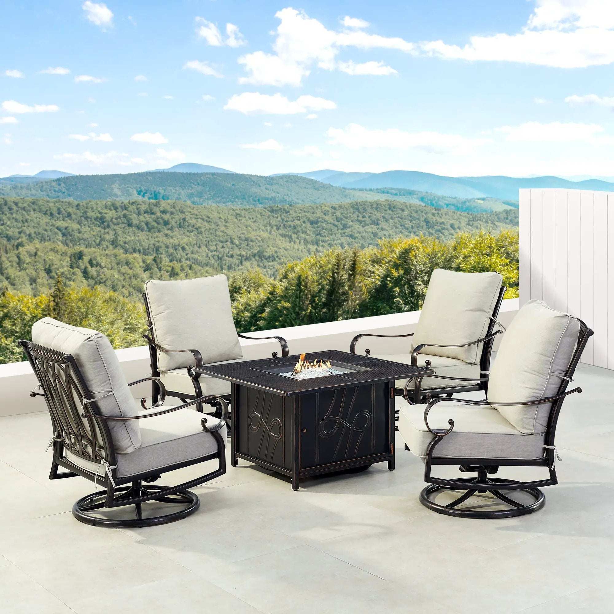 Black Aluminum Fire Table Set with Four Club Chairs by Sharicks