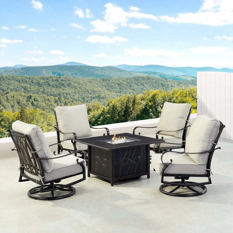 Black Aluminum Fire Table Set with Four Club Chairs by Sharicks