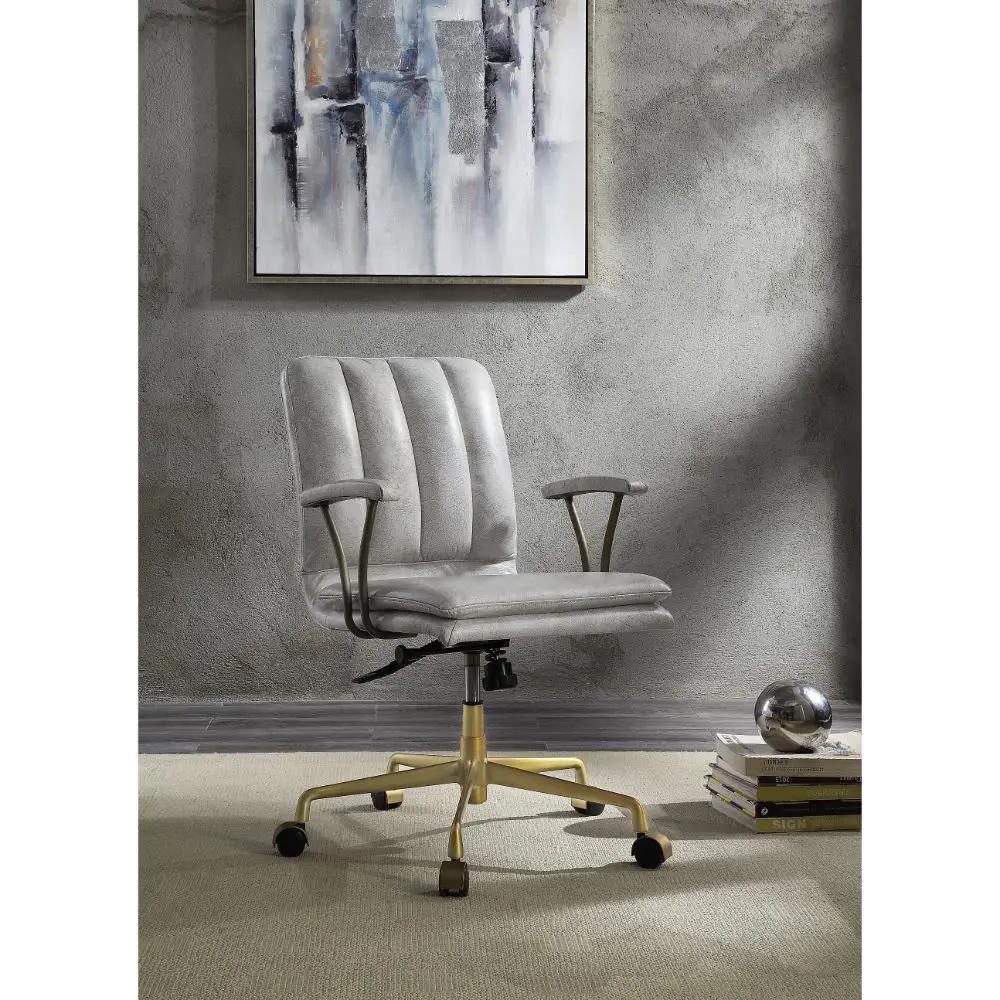 Damir - Office Chair - Vintage White Top Grain Leather & Chrome by Unique Piece Furniture