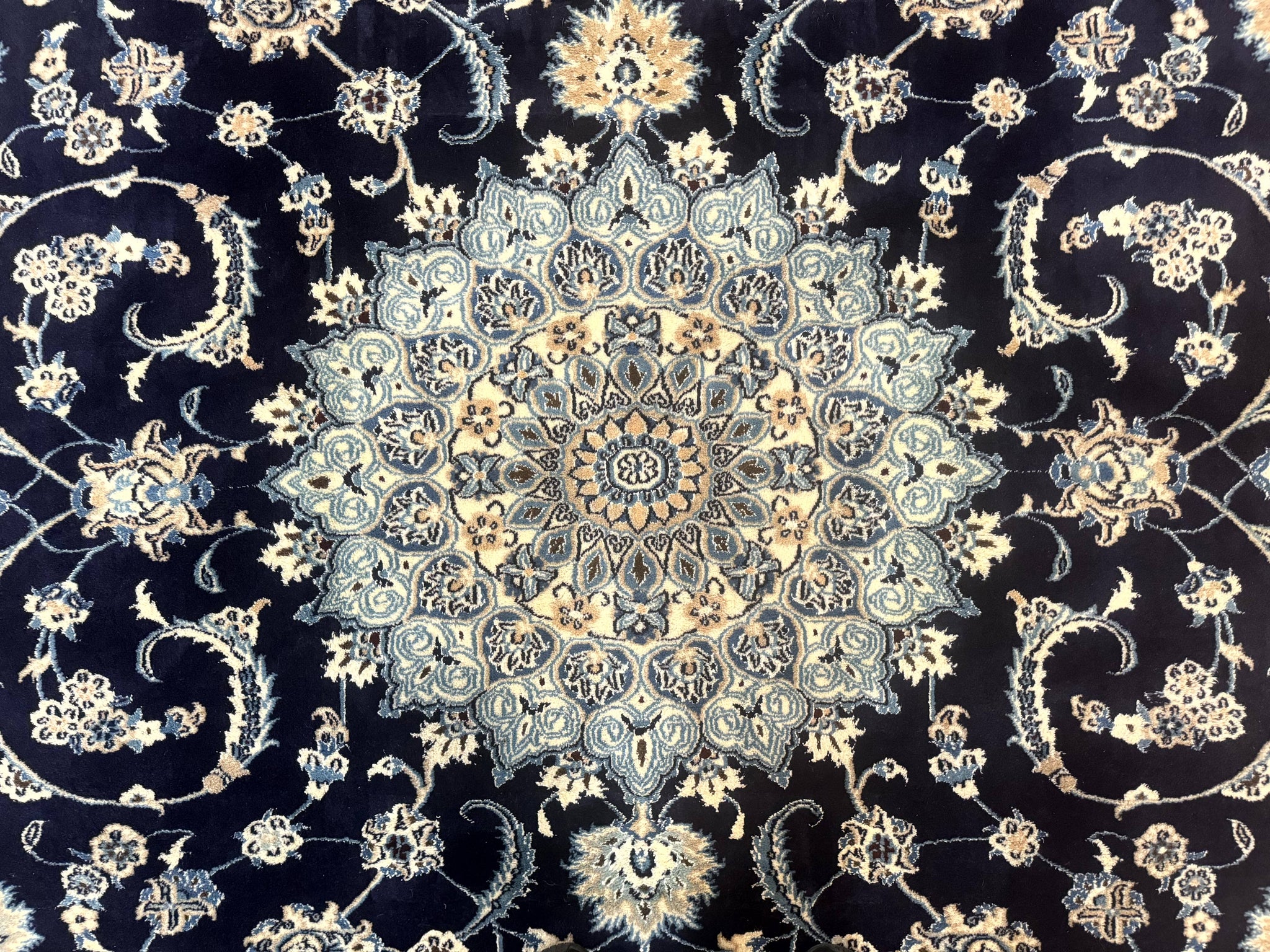 Persian Nain Rug 8x11, Navy Blue and Ivory, Handmade Wool Vintage Carpet, Floral Medallion by Jewel Rugs