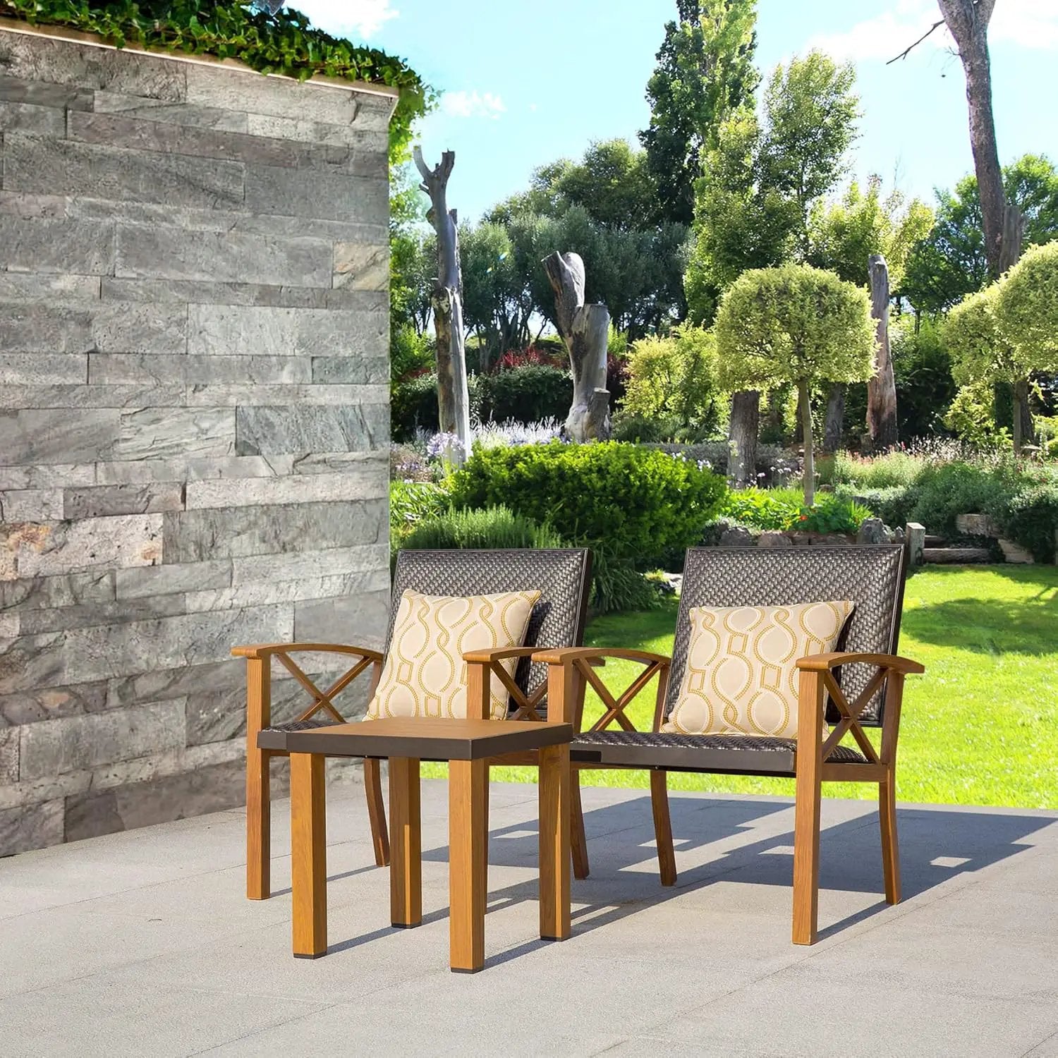 Patio Bistro Set 3 Pieces with Wood Grain Aluminum Wicker by HouseOfZazla