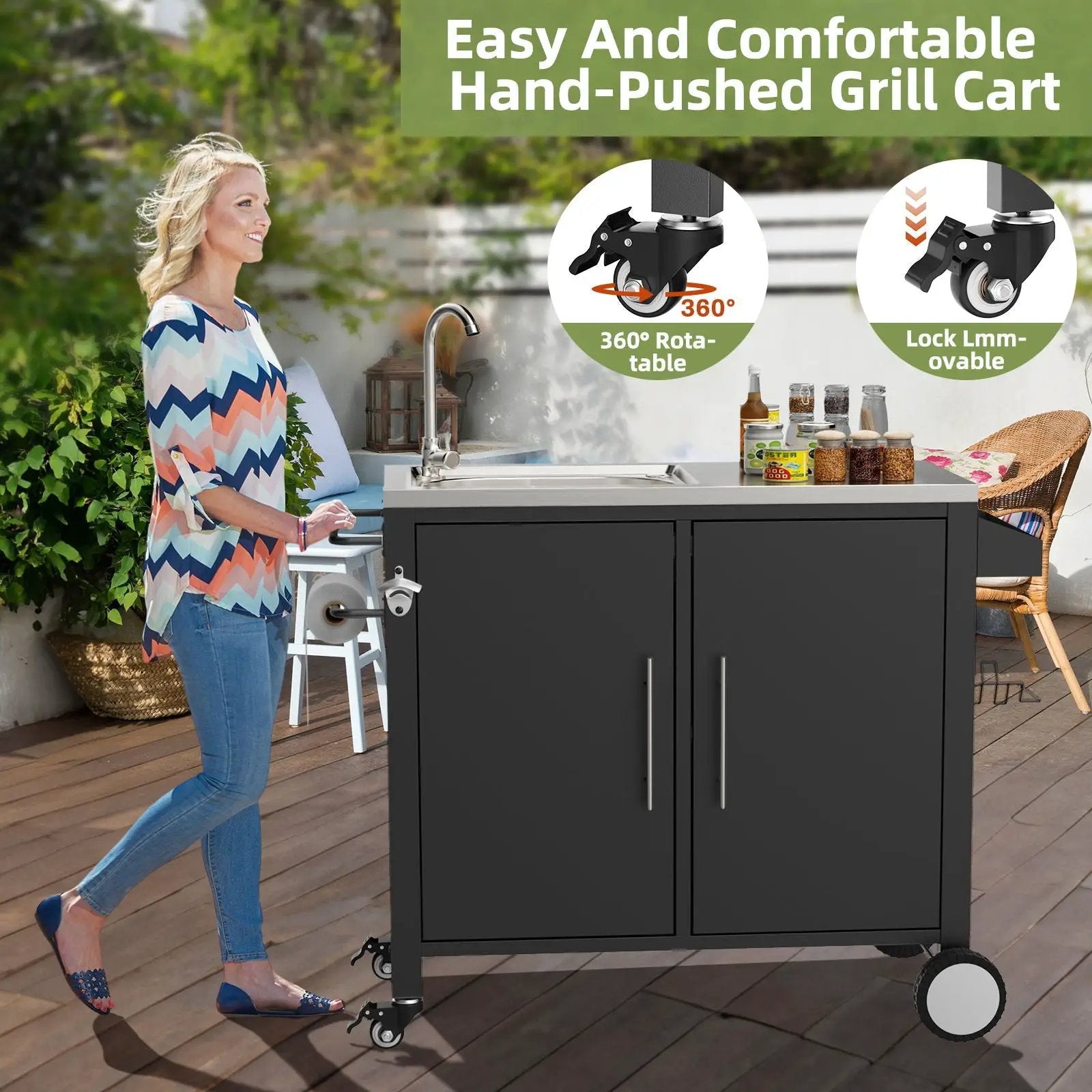 Outdoor Grill Cart With 304 Stainless Steel Sink And Cabinet - Black / Silver by HouseOfZazla