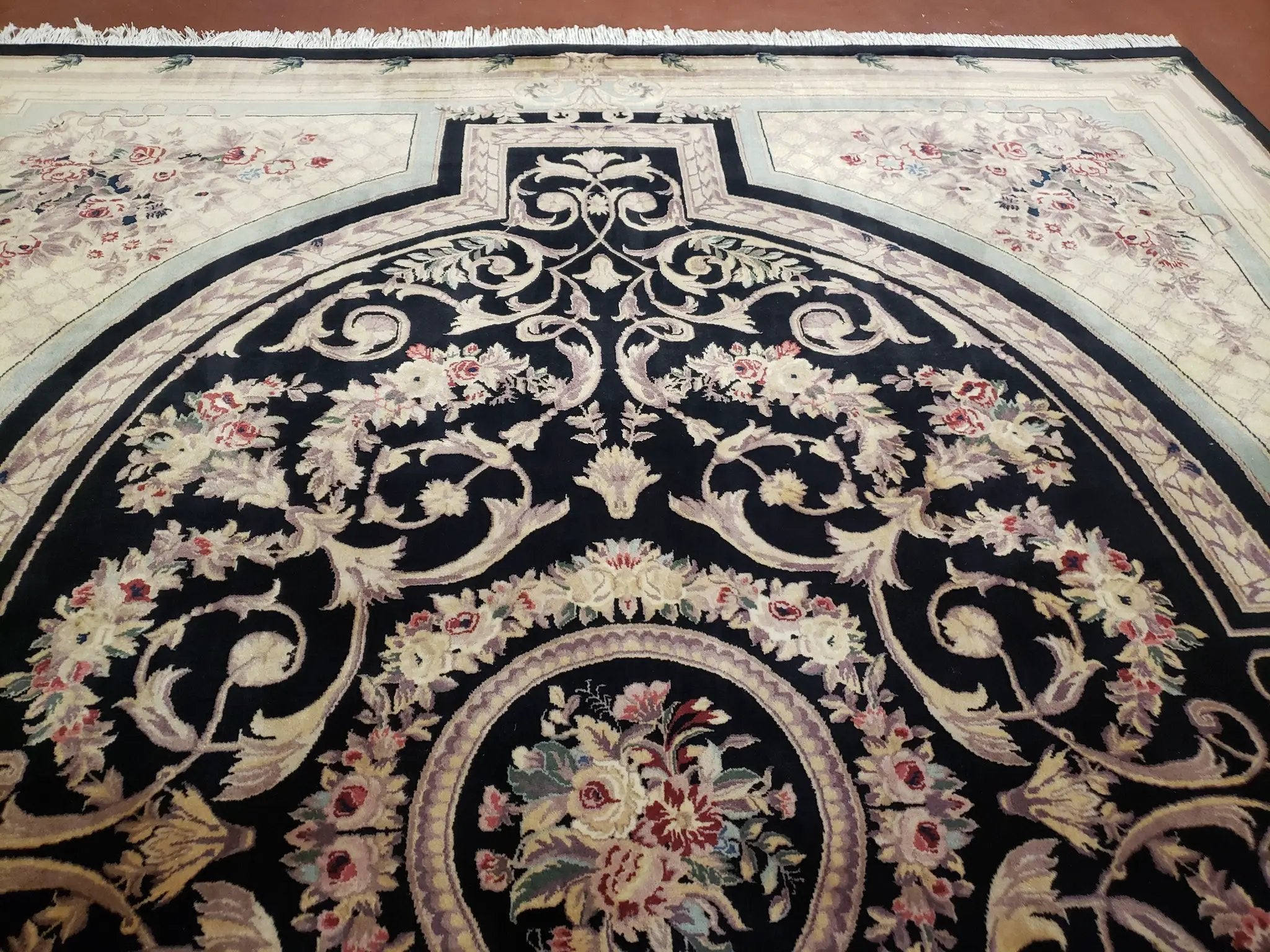 8x10 Aubusson Rug, Fine Hand Knotted Wool Carpet, French European Design, Black & Ivory by Jewel Rugs