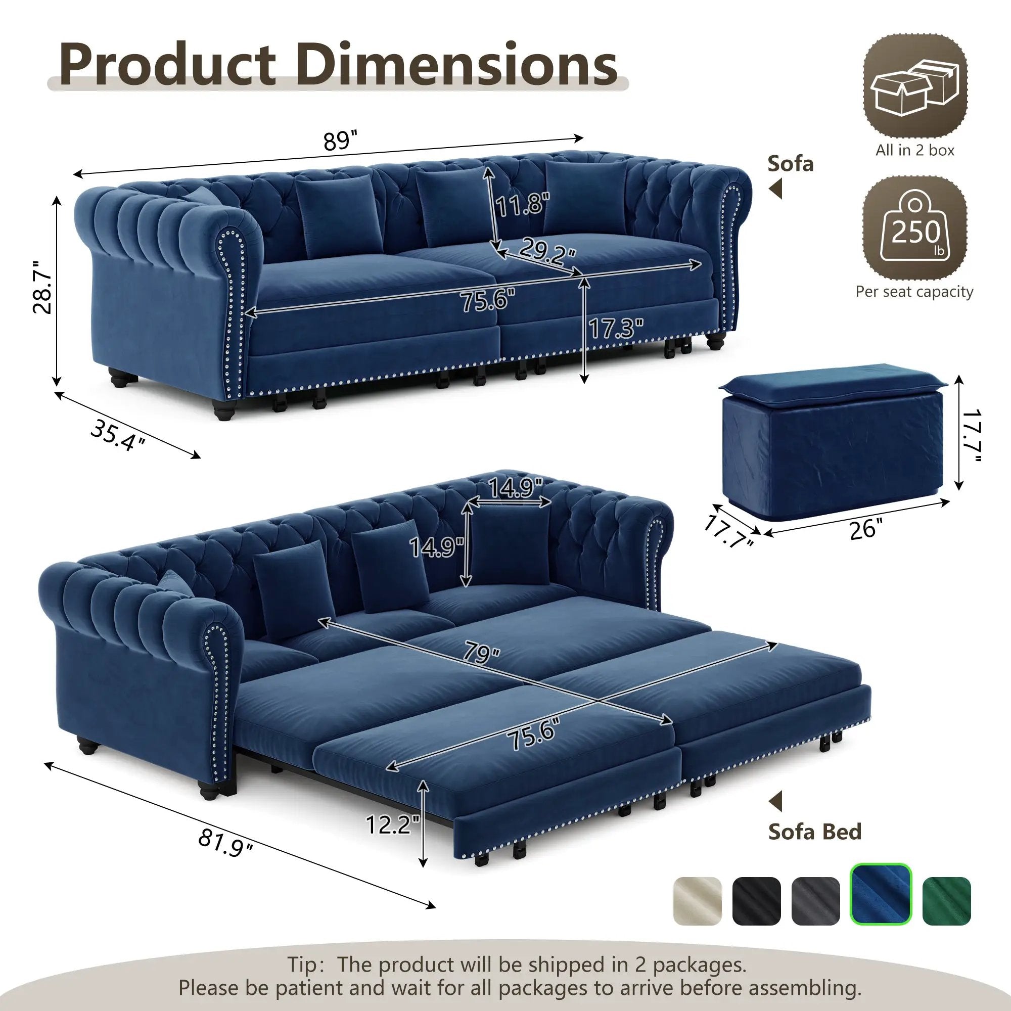 Chesterfield 3-in-1 Pull-Out Sofa Bed, Convertible Sleeper Sofa by HouseOfZazla