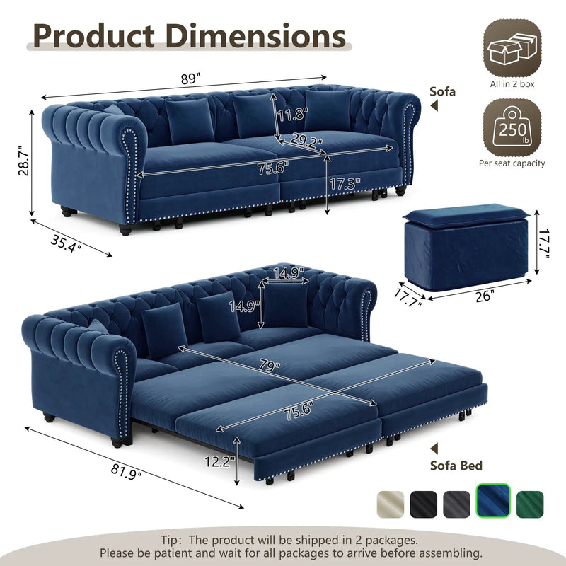 Chesterfield 3-in-1 Pull-Out Sofa Bed, Convertible Sleeper Sofa by HouseOfZazla