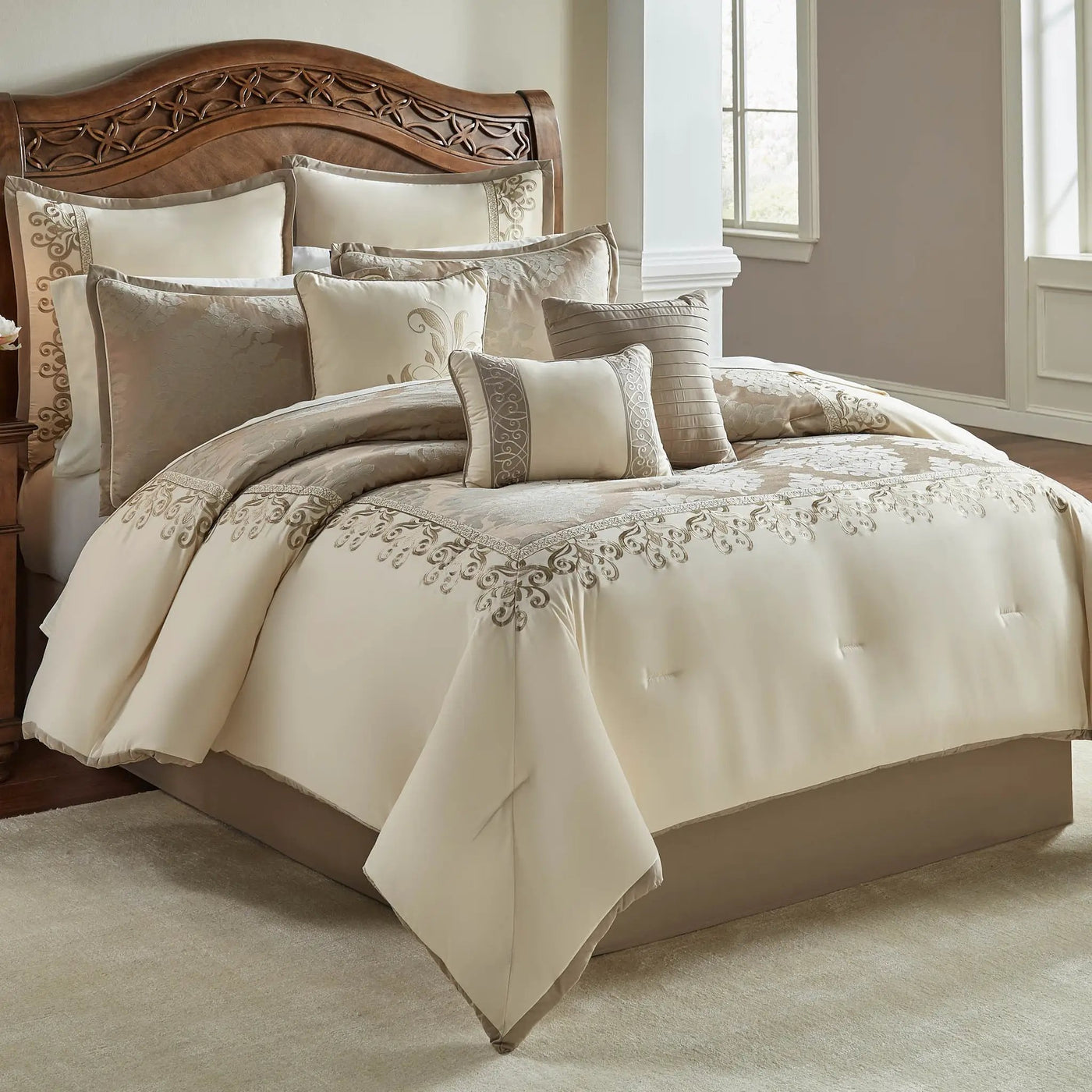 Hillcrest 9-Pc Ivory Damask Jacquard Comforter Ensemble by HouseOfZazla