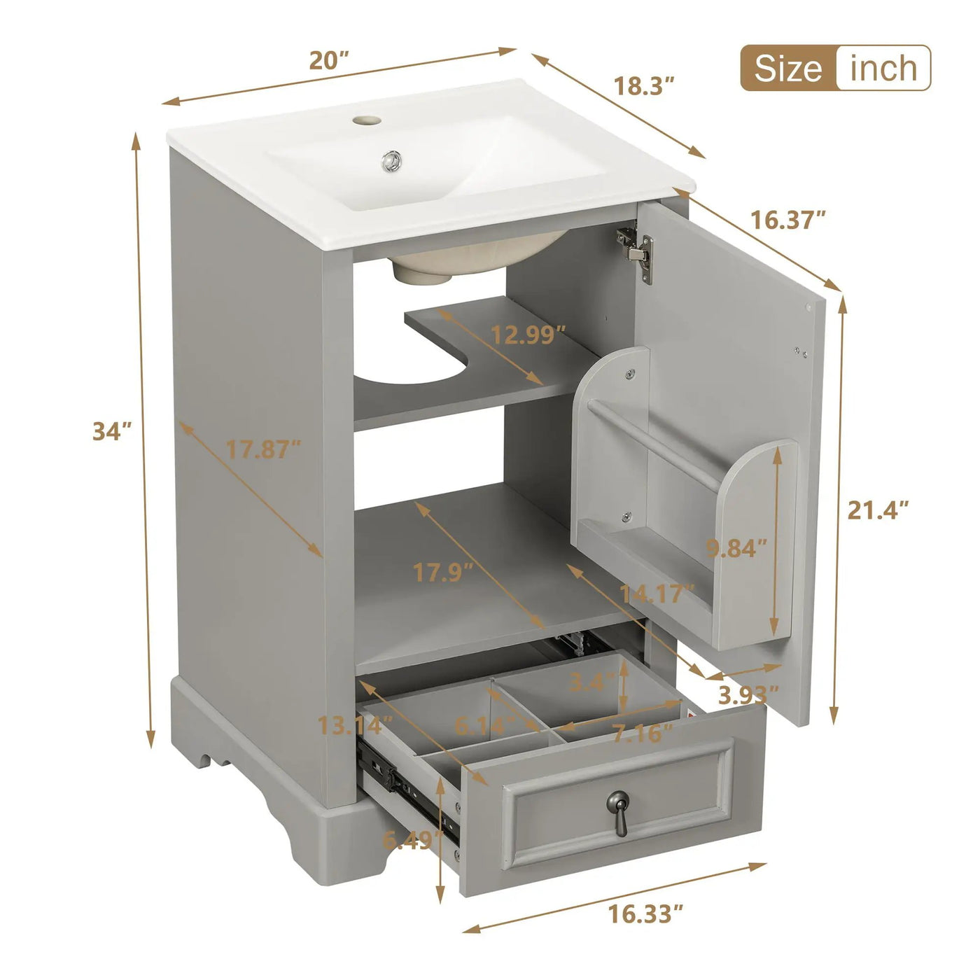 Bathroom Vanity With Sink, Soft Close Door, Adjustable U-Shaped Shelf by Unique Piece Furniture