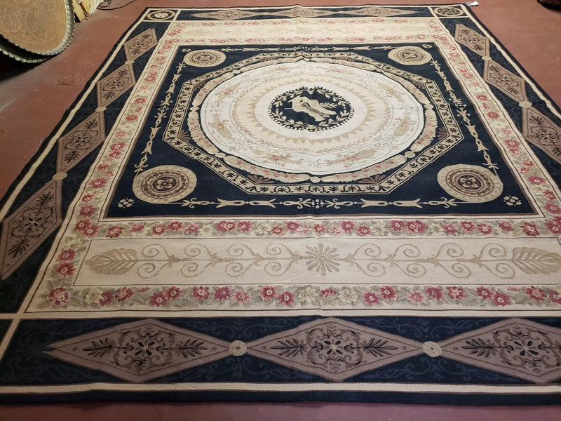 8x10 Woolen Needlepoint Rug Black European Savonnerie Carpet Circles Flat Weave Carpet Area Rug New Handmade Hand-Knotted Harp Flowers by Jewel Rugs