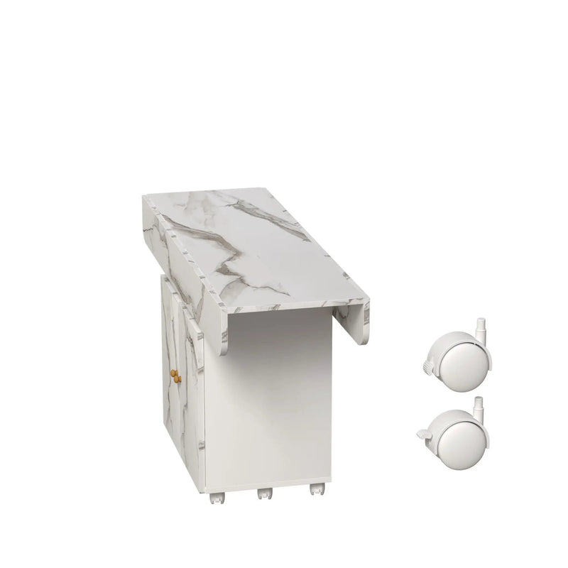 Versatile Marble Folding Dining Table With Storage Rack And Cabinet, 6 Wheels - White by HouseOfZazla