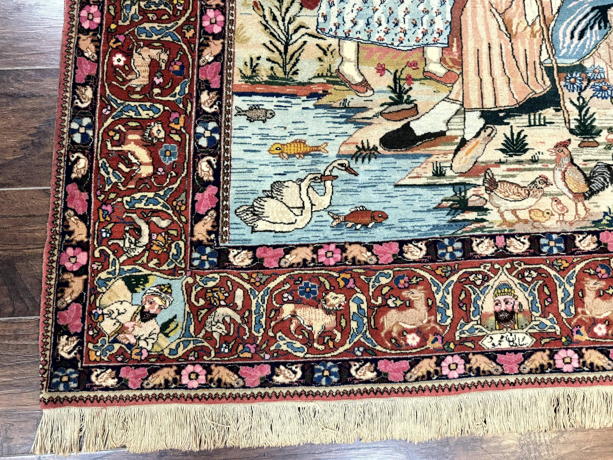 Wonderful Persian Kashan Pictorial Rug 4.7 x 6.5, Persian Rug for Wall Hanging, Handmade Antique Wool Carpet Animal Motifs Poetry Lovers, 240 KPSI by Jewel Rugs