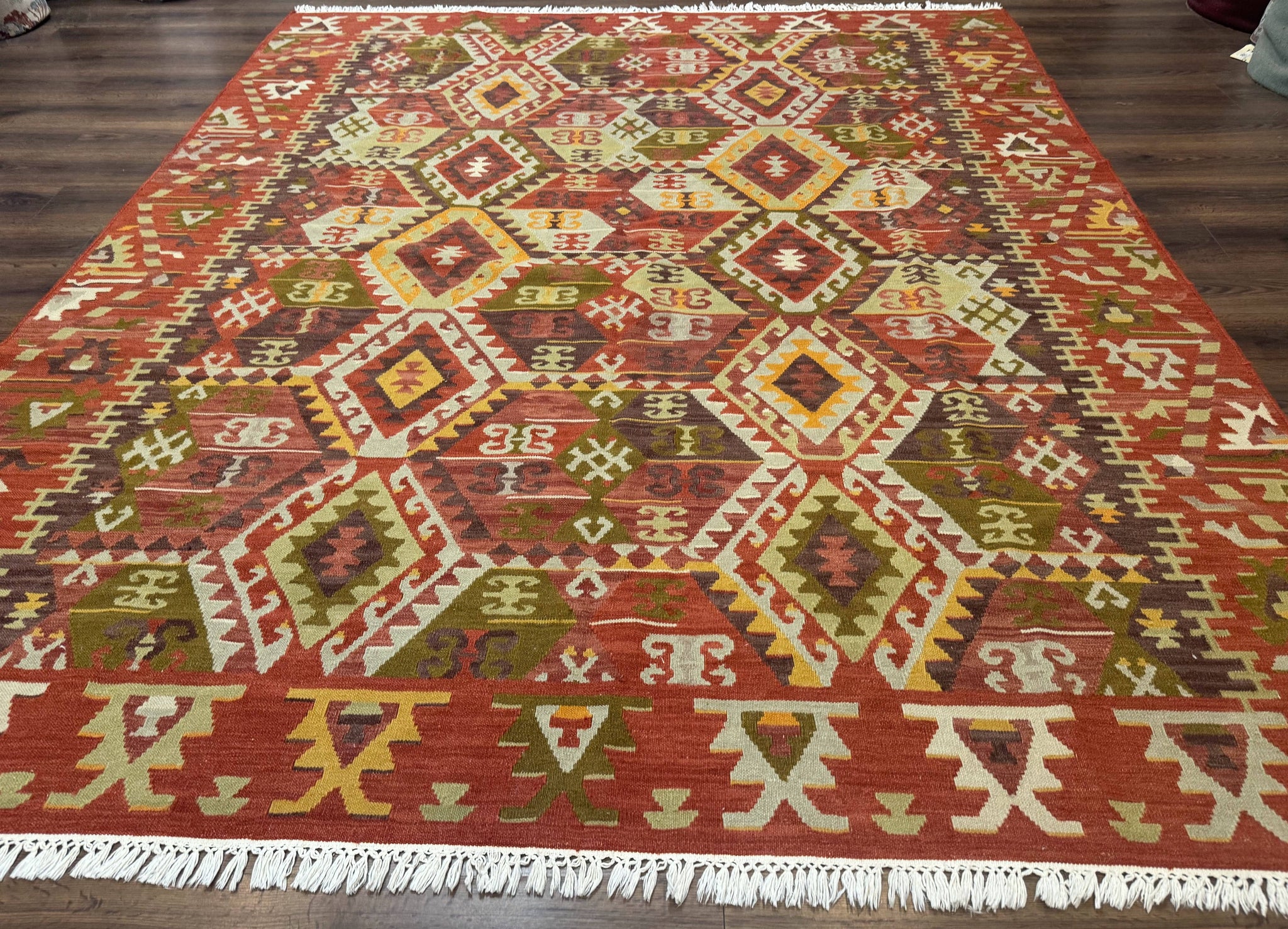Turkish Kilim Rug 8x10, Geometric Design, Large Kilim Carpet by Jewel Rugs