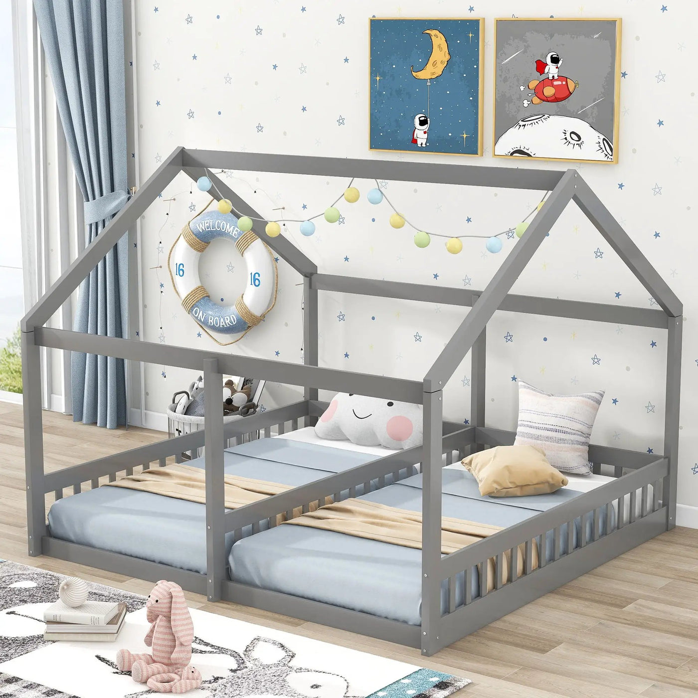 House Platform Beds, 2 Shared Beds, Metal Frame With Guardrails by HouseOfZazla