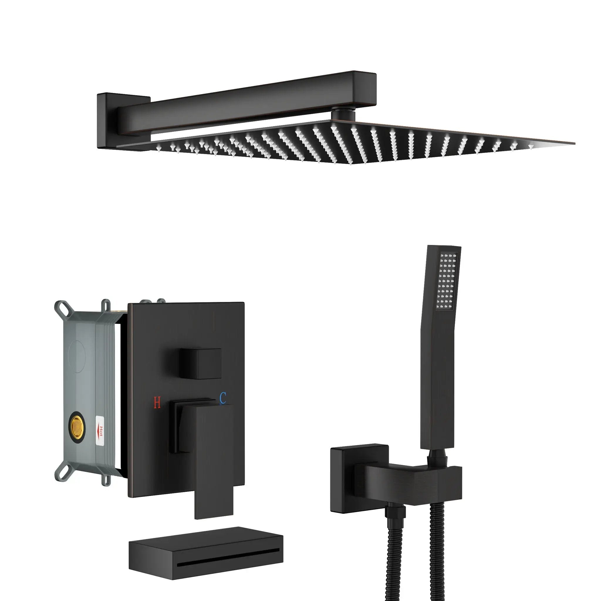 Square Shower System With Waterfall Tub Spout And Rough In Valve, Wall Mounted by HouseOfZazla