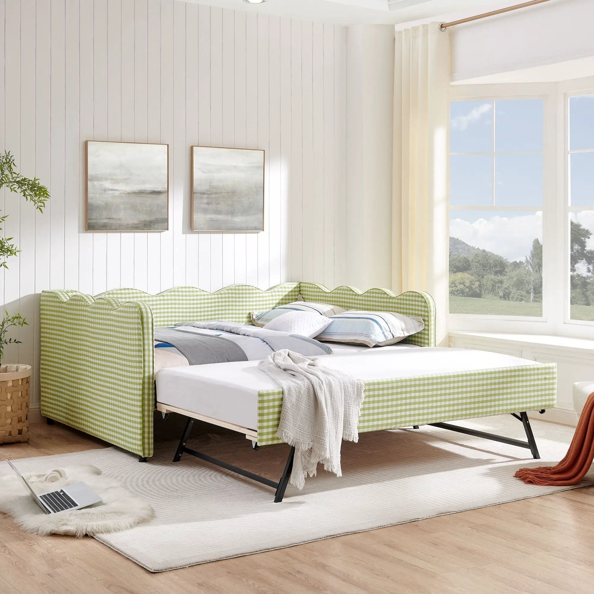 Gingham Daybed With USB Charging Port, Wave-Shaped Design by HouseOfZazla