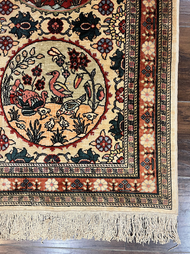Silk Turkish Rug 2x4, Fine Handmade Oriental Rug, Animal Pictorial Birds Silk Pile on Silk Foundation Vintage Hand Knotted Hereke Carpet by Jewel Rugs