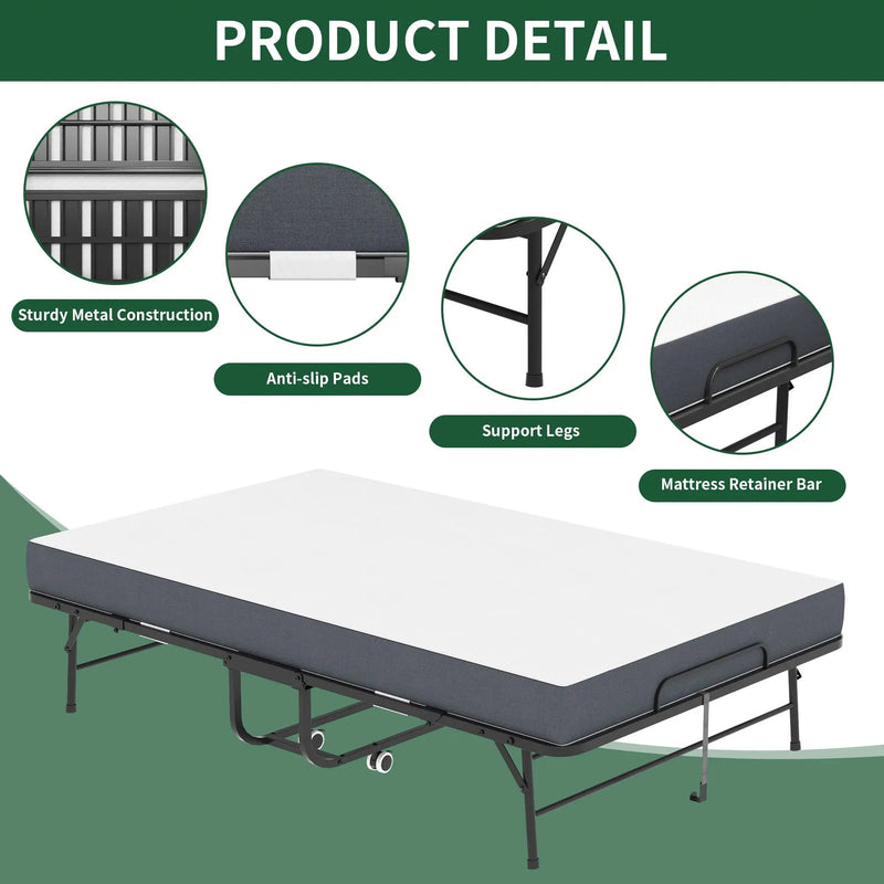 Twin Wide Folding Bed For Tall People, Extra Long & Wide Rollaway With Memory Foam, Heavy-Duty - Black by HouseOfZazla