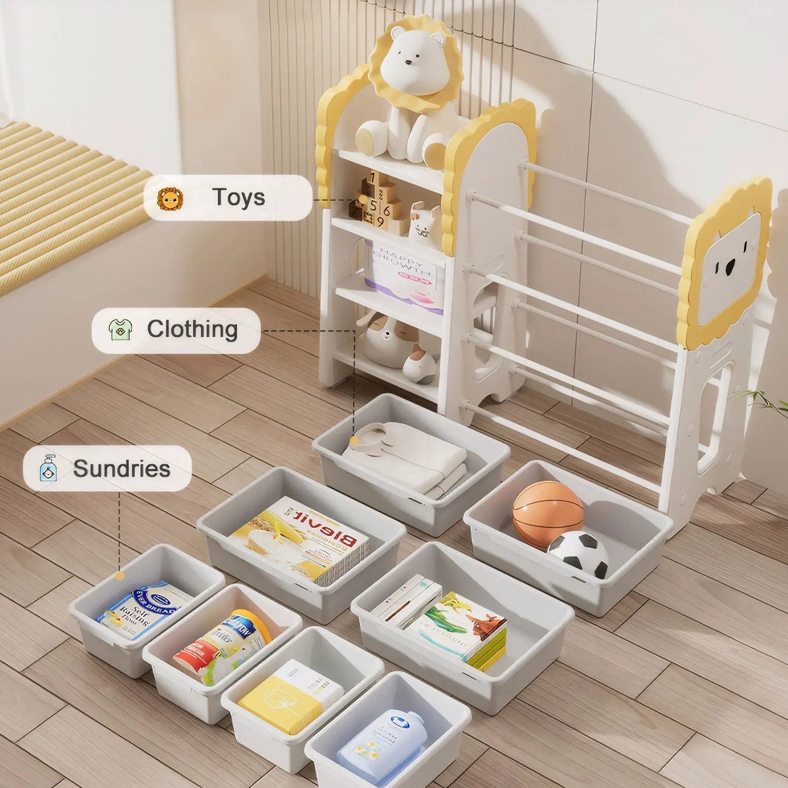 Kids Bookshelf And Toy Storage, 4 Tier Toy Organizers With 8 Removable Storage Bins, Kids Toy Storage Organizer For Study Room - Gray / White / Yellow by HouseOfZazla