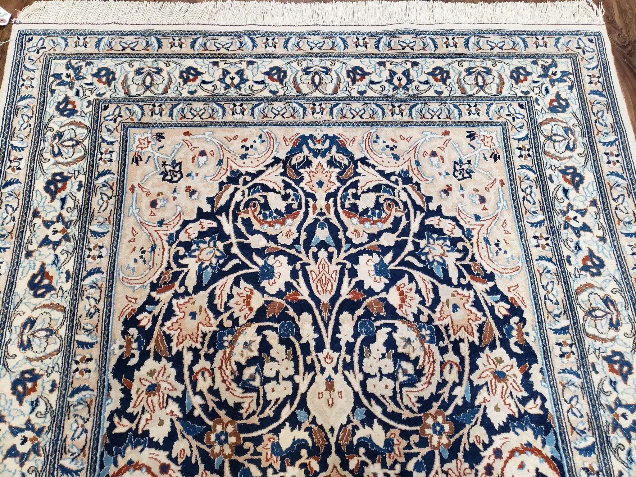 Persian Nain Rug 4x6, Ivory and Blue, Hand-Knotted, Wool & Silk by Jewel Rugs