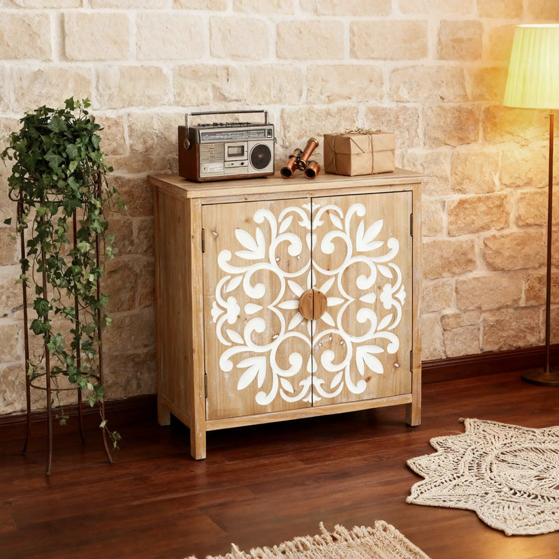 Rustic Wooden Accent Cabinet with Floral Carved Doors by HouseOfZazla