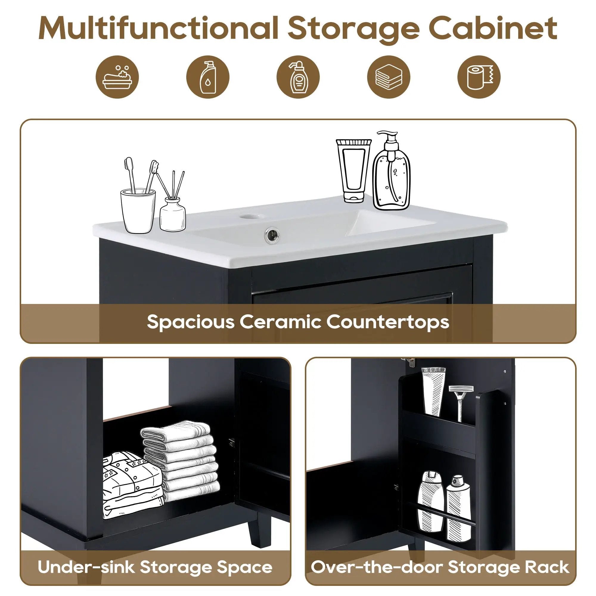 Modern Small Bathroom Vanity Cabinet With Ceramic Basin, Ample Storage, 1 Soft Close Door by HouseOfZazla