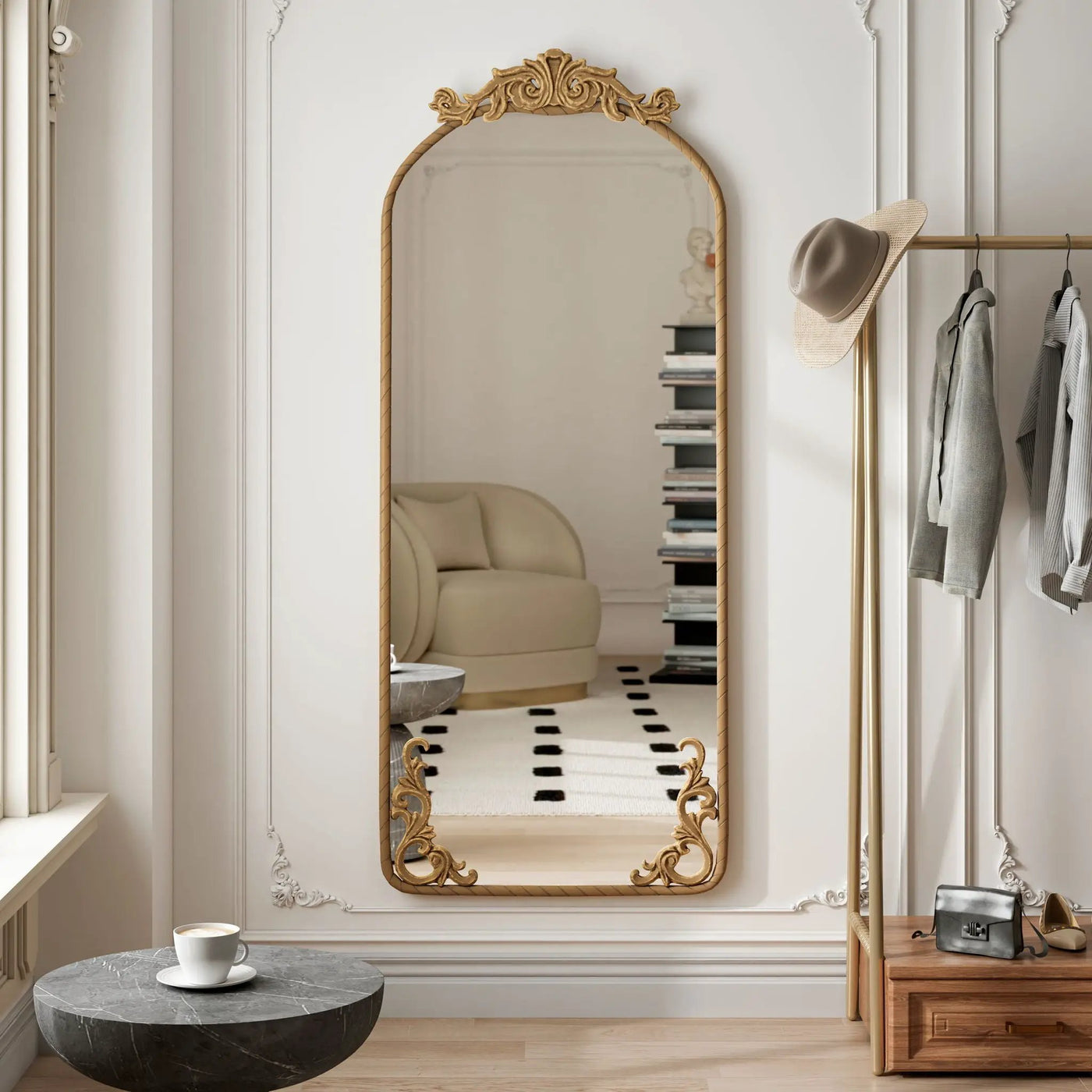 Full Body Arched Mirror With Vintage Carved Applique by HouseOfZazla