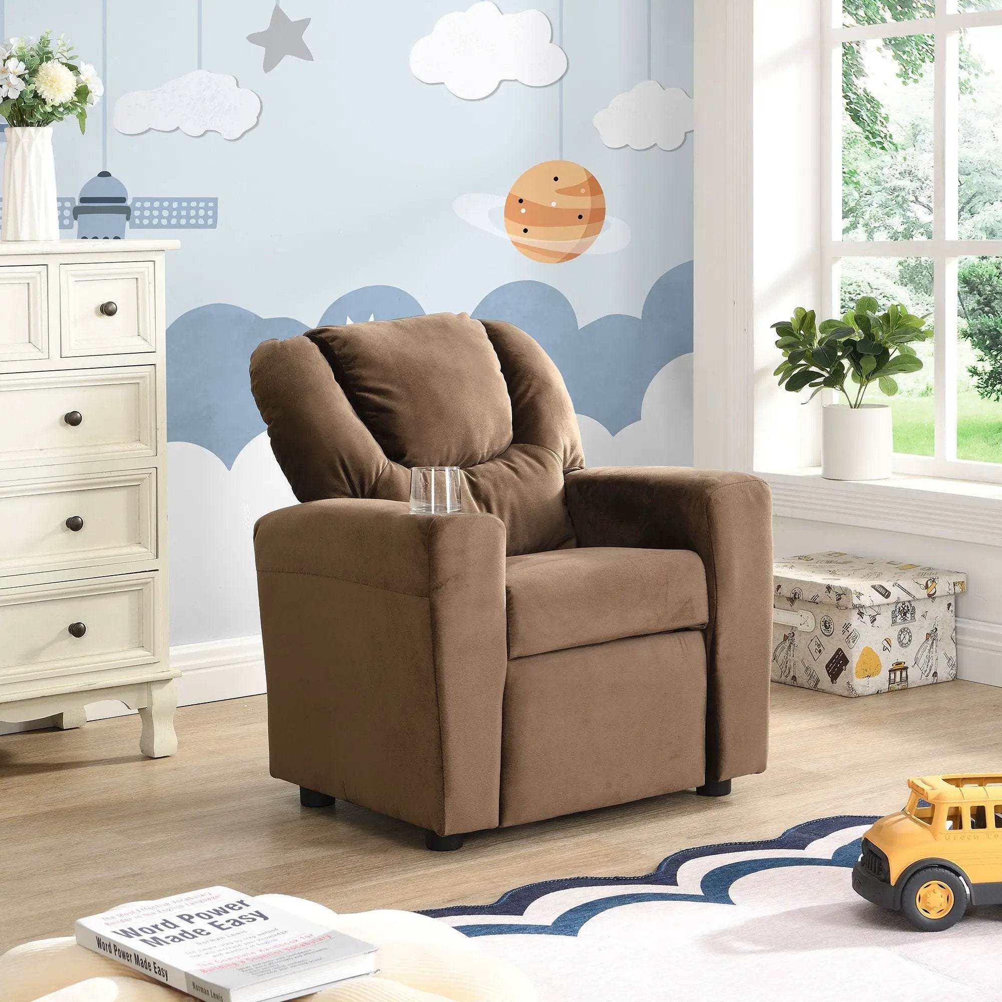 Kids Recliner Chair, Kids Upholstered Couch With Two Cup Holder, Footrest, Backrest, Toddlers Recliner With Headrest And Footrest - Black by HouseOfZazla