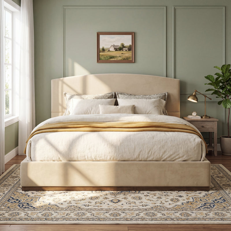 King Size Upholstered Bed Frame With Velvet Fabric Thick Headboard, Solid Wood Base, Camel by HouseOfZazla