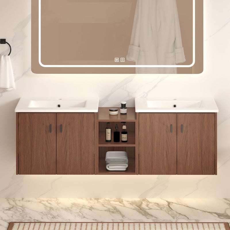 Soft Close Doors Bathroom Vanity with Storage Shelves - Reddish Brown, photo 4 of 4