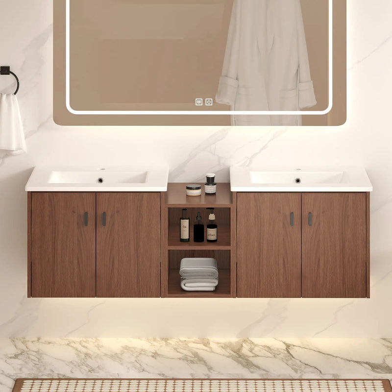 Soft Close Doors Bathroom Vanity With Small Storage Shelves, 24" And 12" Combination Cabinet - Reddish Brown by HouseOfZazla