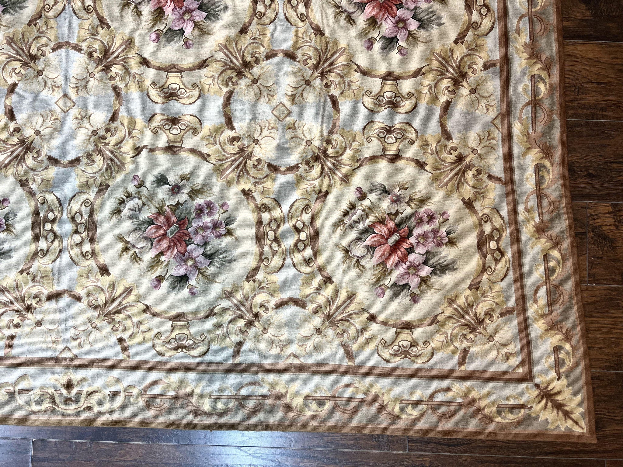 Chinese Needlepoint Rug 8x11, Handmade Wool Needlepoint Carpet, Vintage, Sky Blue by Jewel Rugs