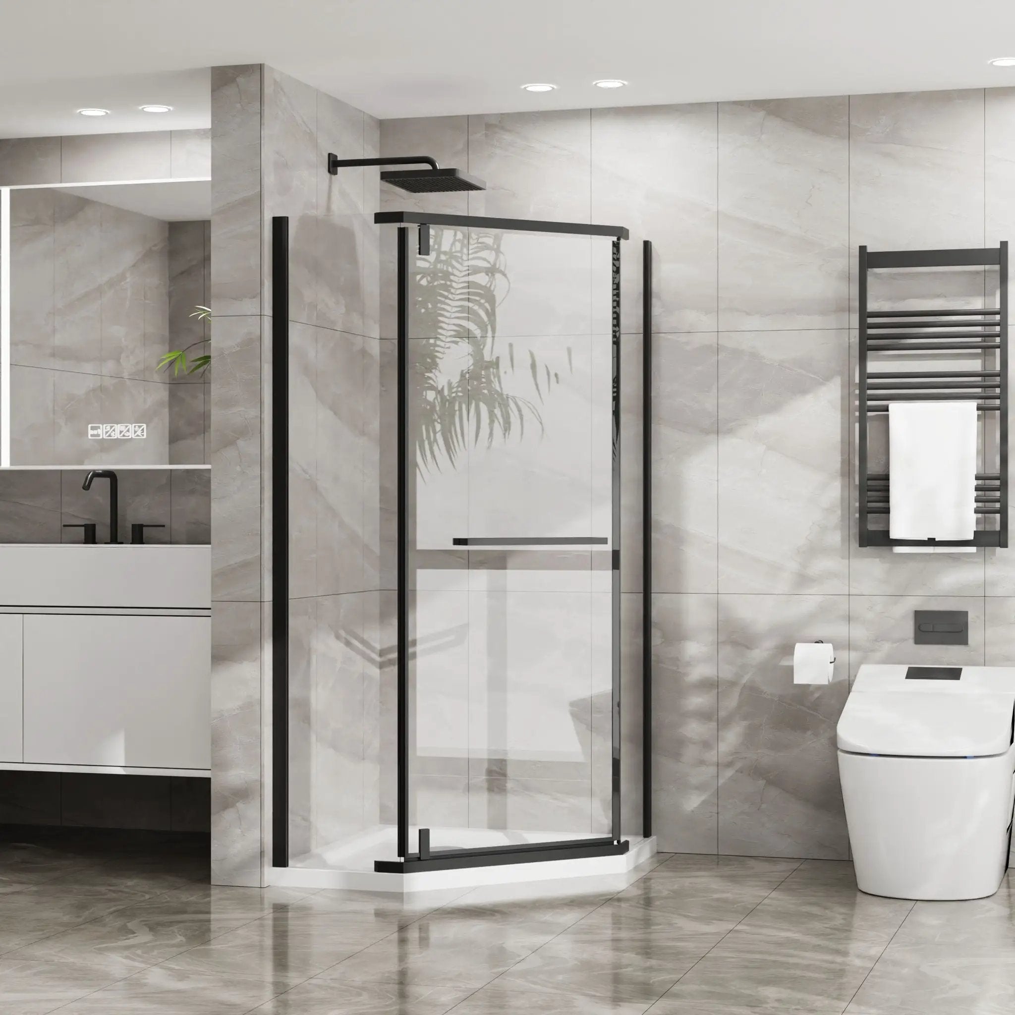 Neo Angle - Frameless Shower Door With White Acrylic Shower Base Combo - Matte Black by HouseOfZazla