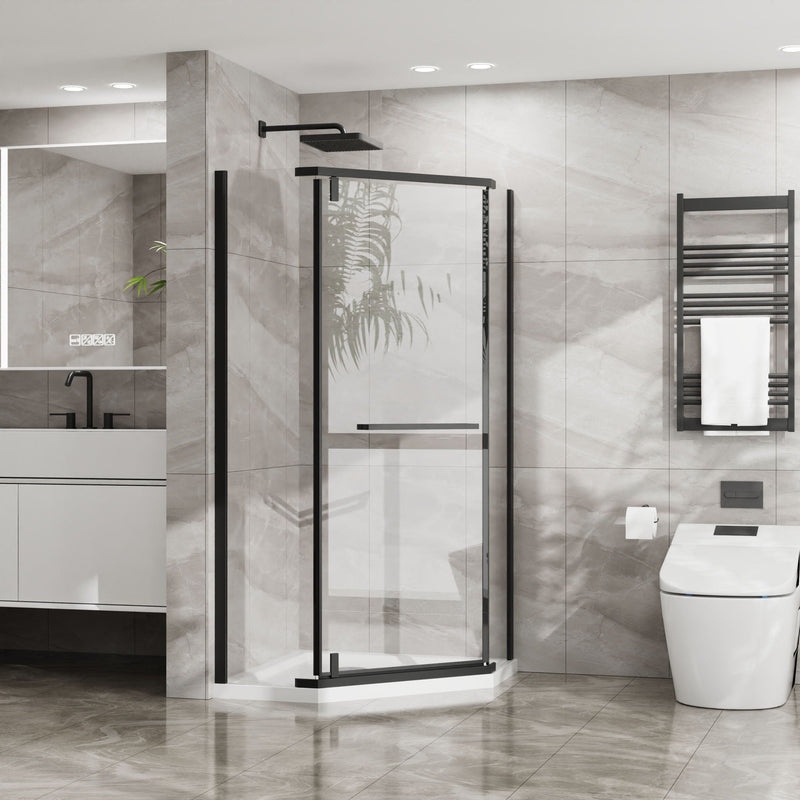 Neo Angle - Frameless Shower Door With White Acrylic Shower Base Combo - Matte Black by HouseOfZazla