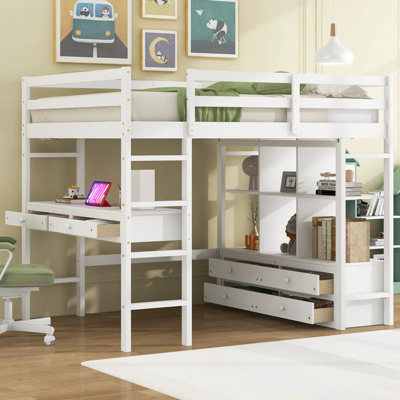 Full Size Loft Bed With Built In Desk, 2 Drawers, Storage Shelves - White by Unique Piece Furniture