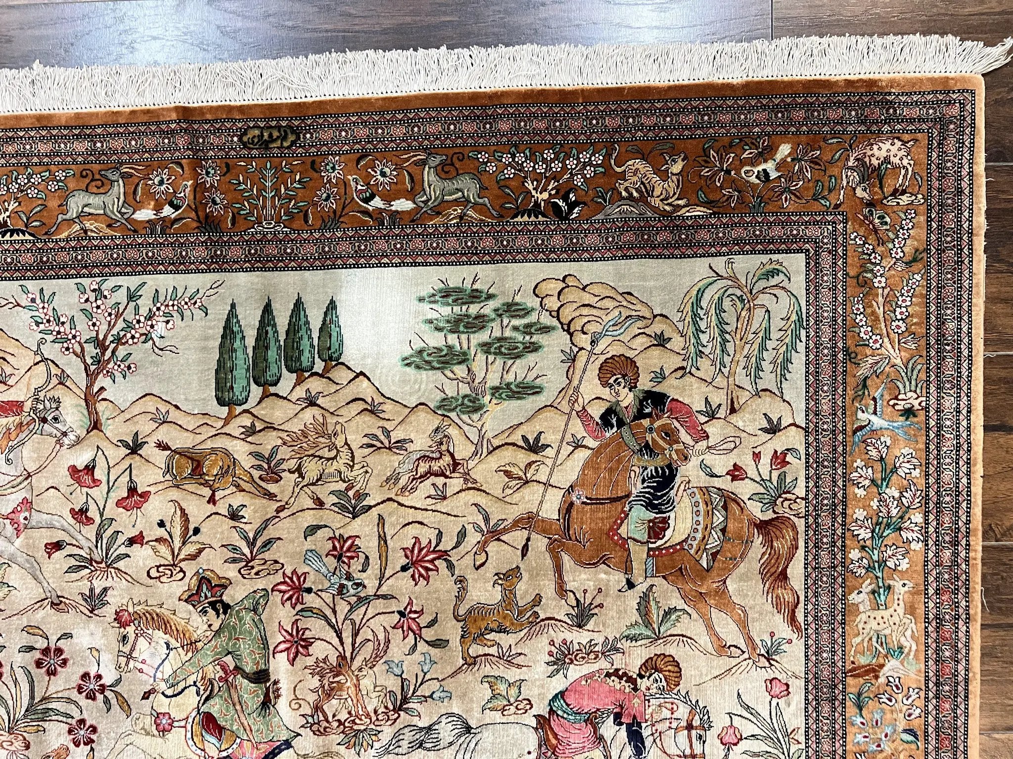 Silk Persian Qum Rug 3x5, Hunting Pattern, Handmade Vintage Carpet, Signed by Master Weaver, Horsemen Pictorials, Super Fine 650 KPSI by Jewel Rugs