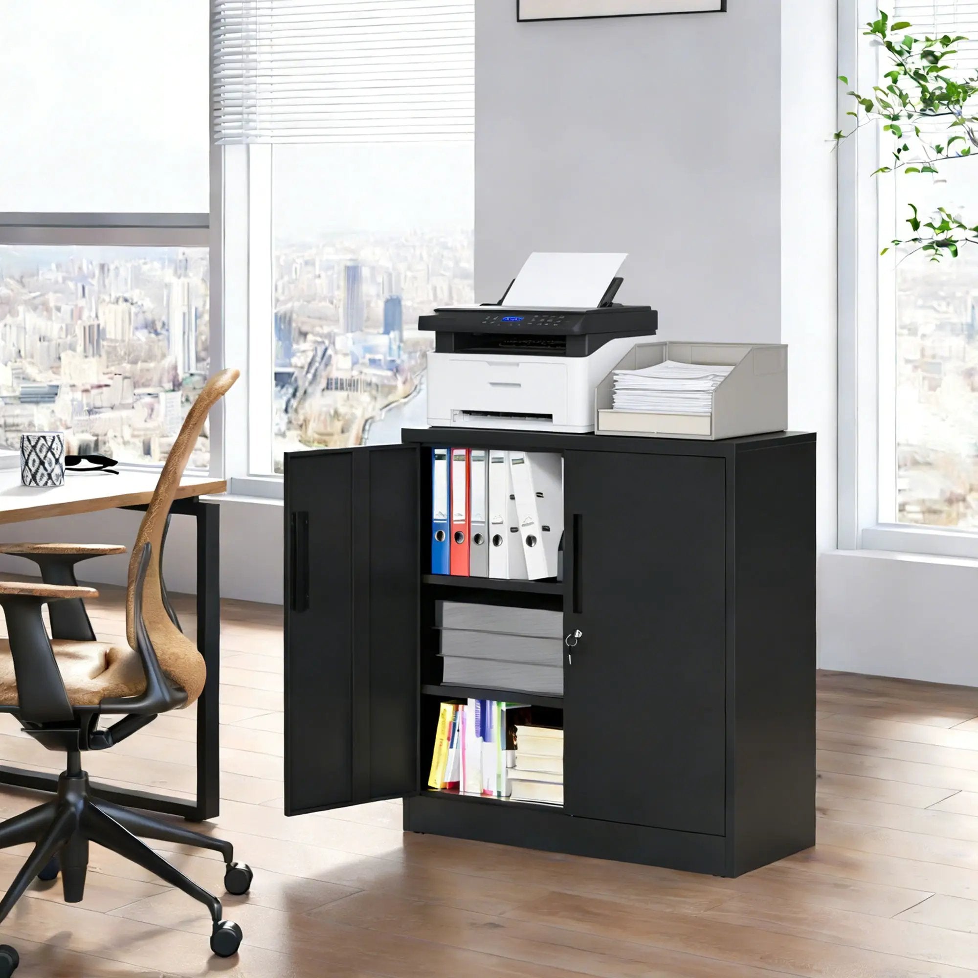 Heavy Duty Storage Cabinet With Lock, 2 Door File Cabinet With 2 Adjustable Shelves - Black by HouseOfZazla