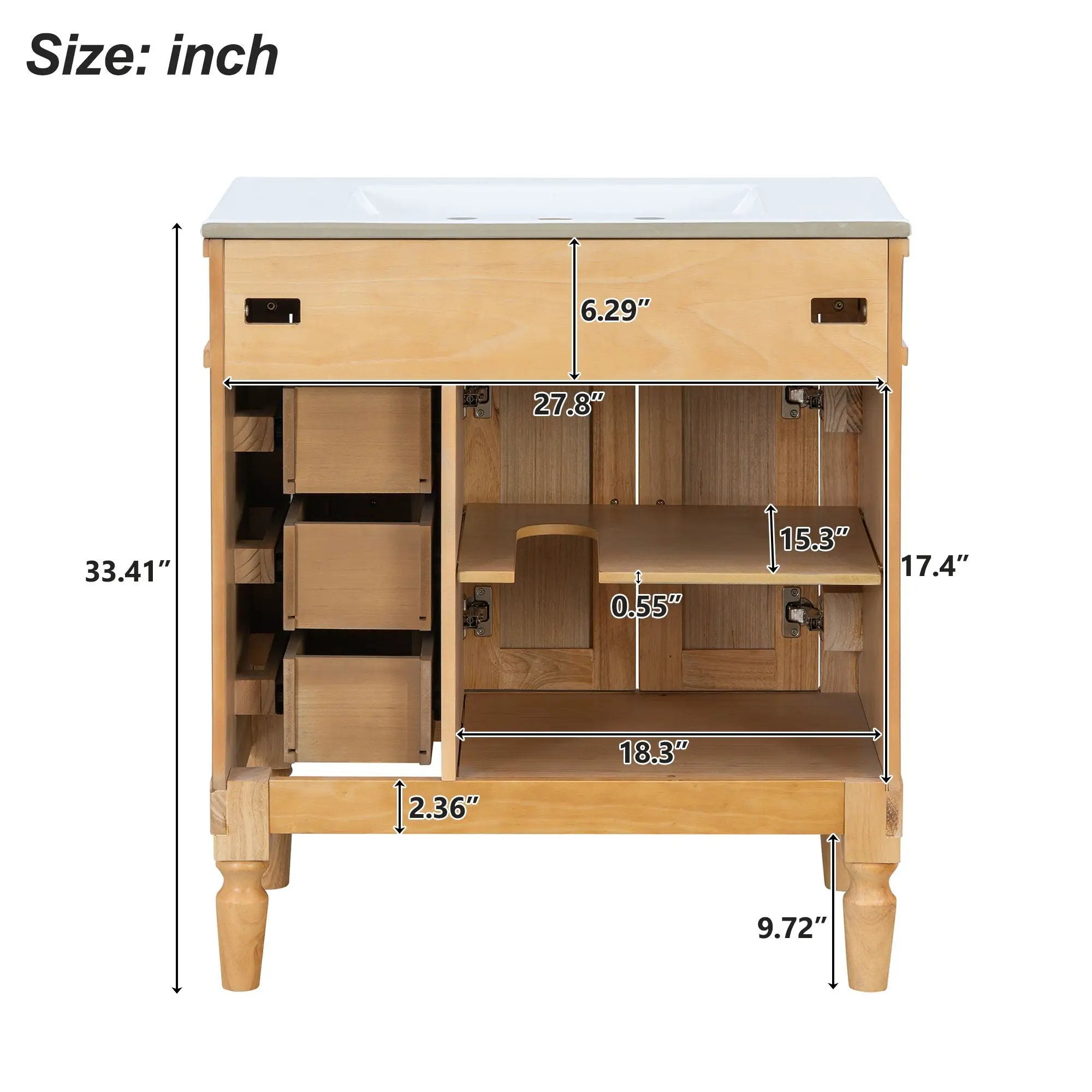 Modern Bathroom Vanity With Ceramic Sink, Soft Close Doors, Adjustable Shelves