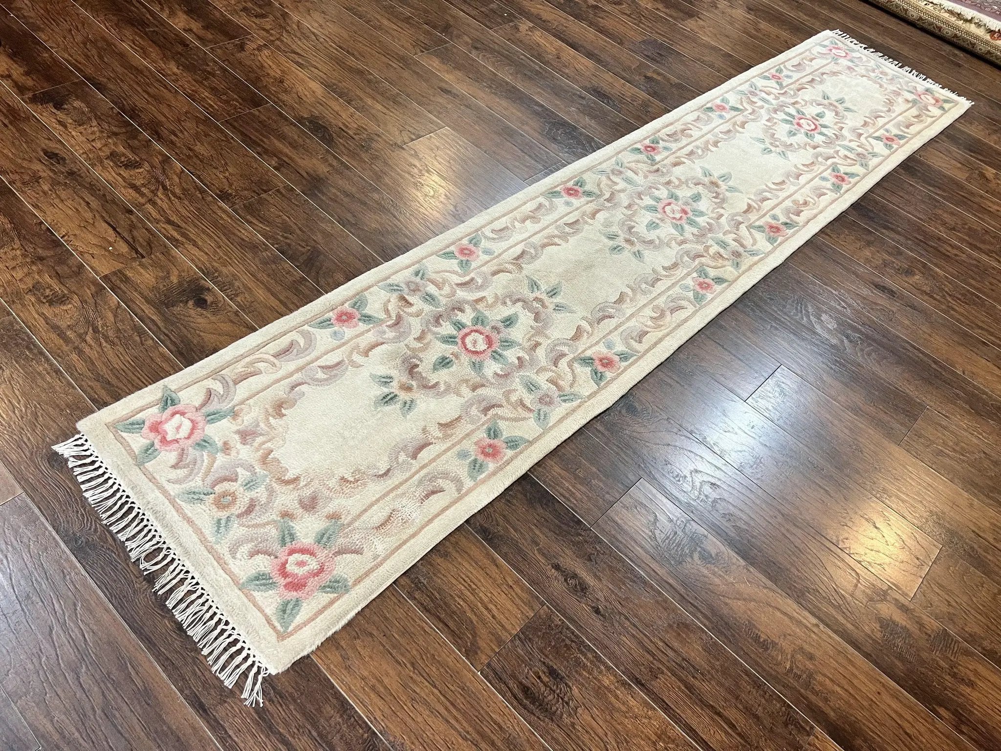 Chinese Aubusson Runner Rug 2.4 x 11, Hand Tufted Beige Floral European Design Hallway Rug, Elegant Rug, Vintage Wool Rug 11ft Long by Jewel Rugs