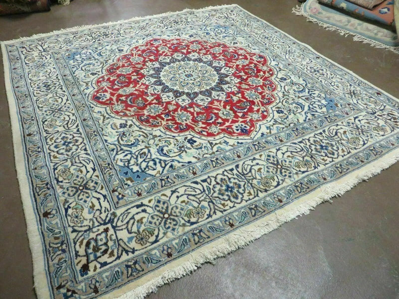 Square Persian Nain Rug 6'3" x 6' 8", Hand-Knotted, Wool with Silk Accents, Ivory Red Blue by Jewel Rugs