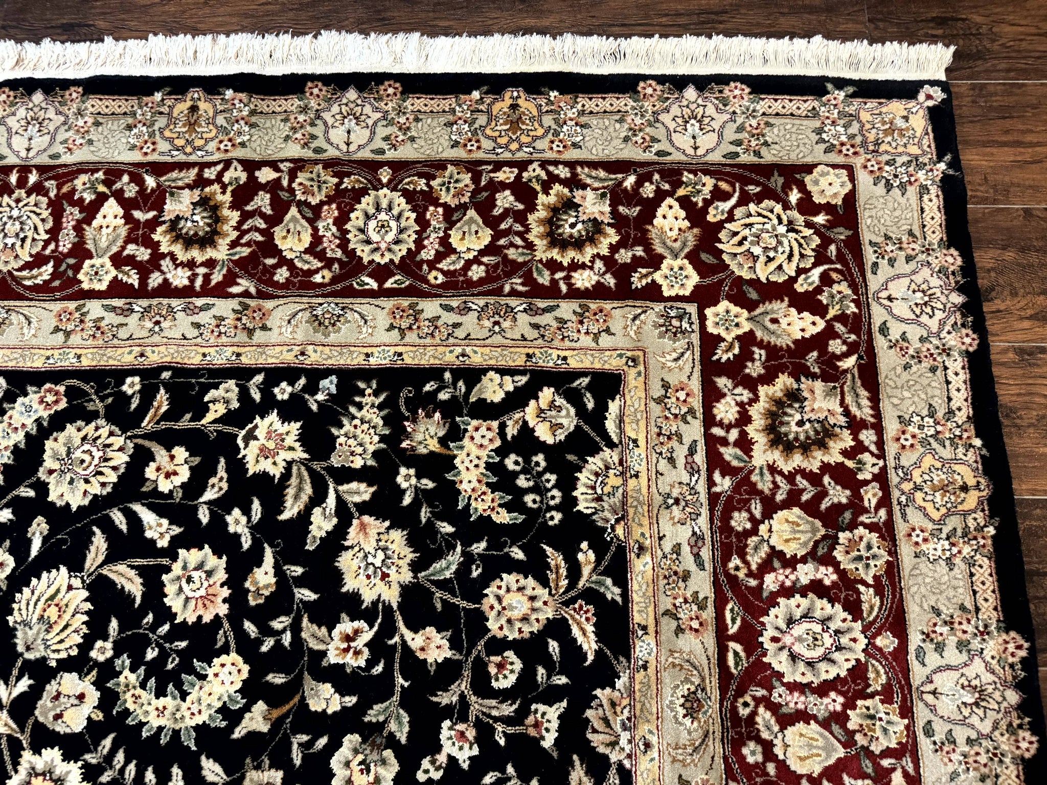 Sino Persian Rug 9x12, Fine Elegant Oriental Carpet 200 KPSI, Black and Dark Red, Allover Floral by Jewel Rugs