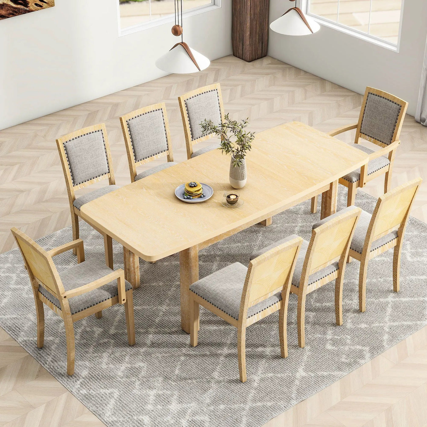 Topmax - Rustic Extendable Dining Table Set With Removable Leaf, 6 Upholstered Armless Dining Chairs And 2 Padded Arm Chairs, 9 Pieces by Unique Piece Furniture