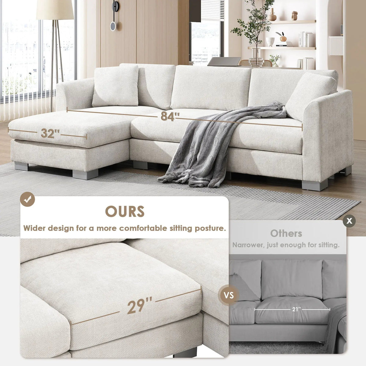 Modern Cloud Sectional Sofa L Shaped Luxury Couch Set With 2 Free Pillows 4 Seat With Oversized Chaise, photo 7 of 7