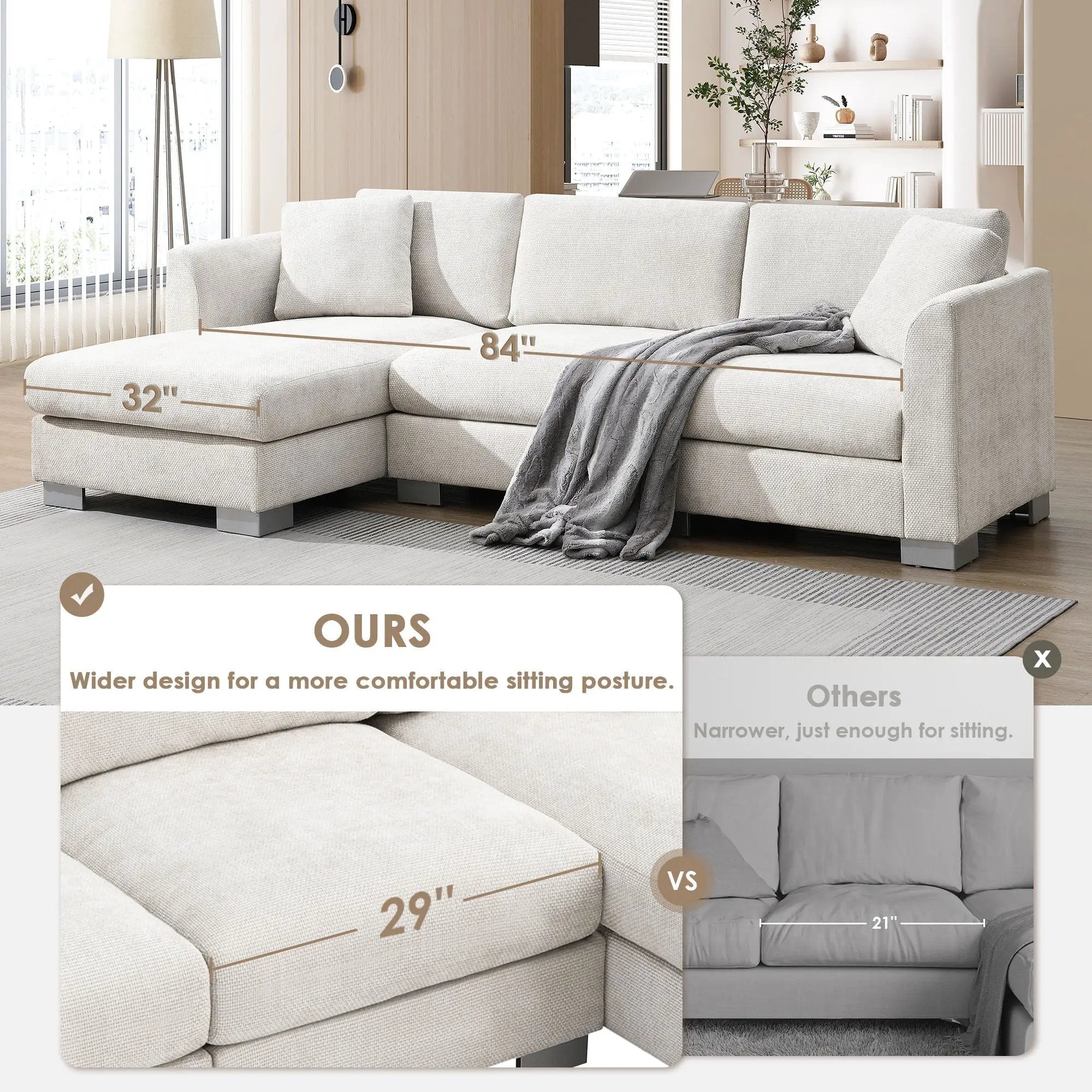 Modern Cloud Sectional Sofa L Shaped Luxury Couch Set With 2 Free Pillows 4 Seat With Oversized Chaise by HouseOfZazla
