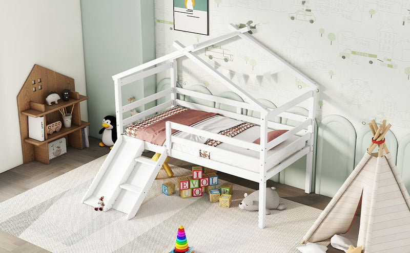 Low Loft House Bed With Slide, Ladder, Safety Guardrails, House Roof Frame by HouseOfZazla