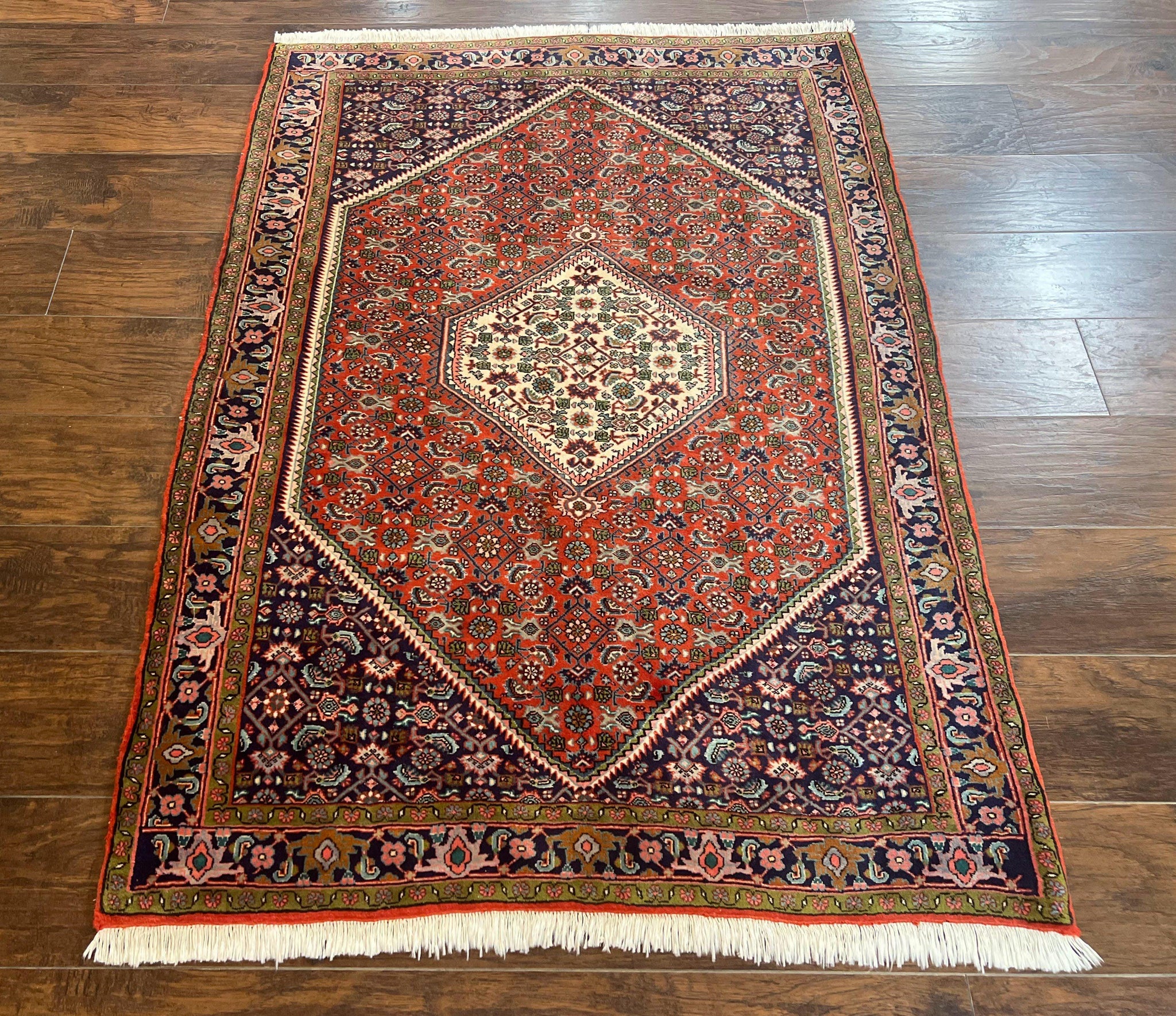 Persian Bidjar Rug 4x5, Finely Hand Knotted Vintage Carpet, Red and Navy Blue, Handmade Wool Rug, 180 KPSI by Jewel Rugs