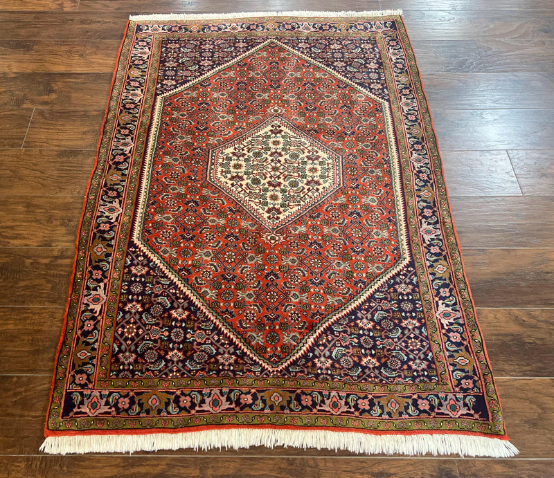 Persian Bidjar Rug 4x5, Finely Hand Knotted Vintage Carpet, Red and Navy Blue, Handmade Wool Rug, 180 KPSI by Jewel Rugs