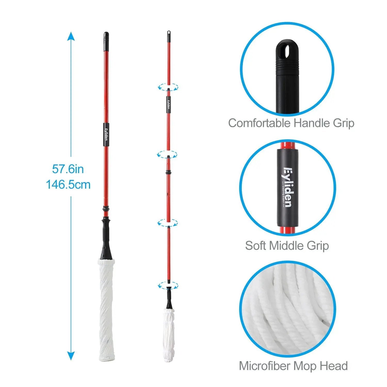 Ultra Fine Fiber Twist Mop With 57.5 Inch Long Handle For Dry And Wet Floor Cleaning - Red by HouseOfZazla